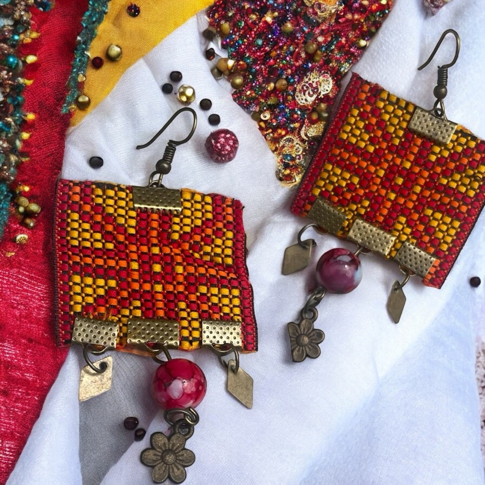 Embroidered bohemian-style handmade fabric Persian dangling Balochi earr…
